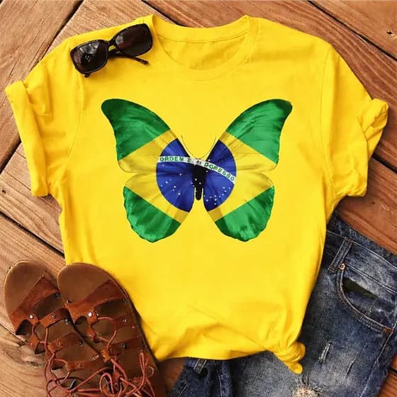 Camisa Camiseta Feminina Brasil T-shirts Borbeleta Bandeira Blusa copa do Mundo
