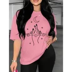 Camiseta Feminina Elegante Chic Estampa Mão Cigana Planetas Lua Blusa Algodão Casual Cute Malha Premium