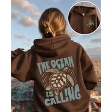 Moletom Canguru Feminino Bolso e Capuz Flanelado Casual Inverno Blusa de Frio The Ocean Is Calling Tartaruga