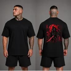 Camiseta Samurai Espada Vermelha Oversized Masculina Estampa Japonesa Dark
