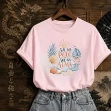 Camiseta Feminina T-Shirt Sal na Pele Sol na Alma Estampa Praia Verão Casual