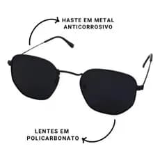 Óculos de Sol Hexagonal Lente Preta com Proteção Uv400 Masculino Feminino