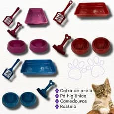 Kit Caixa De Areia Para Gatos Bandeja Comedouro Bebedouro Pá Higiênica Rastelo e Brinde