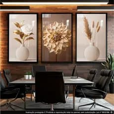 Quadro Decorativos Trio Prosperidade Atemporal Exclusivo Flores Rosa Branco Dourado para Sala Hall