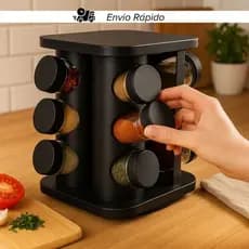 Porta Temperos Giratório 12 Potes Vidro com Tampa Dosadora Preto Cozinha Premium Condimentos