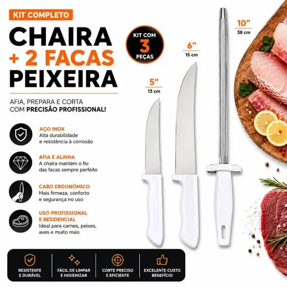 Kit Chaira 10" + 2 Facas Peixeira 5" e 6" Aço Inox Profissional para Açougue, Churrasco e Cozinha Premium