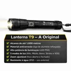 Lanterna Super Potente T9 P50 Tática Mais Forte Do Mundo Potente Sitio Fazenda Acampamento Camping Segurança