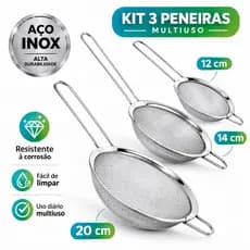 Kit Peneiras Aço Inox 12cm 14cm 20cm – Coador Manual Resistente Para Cozinha