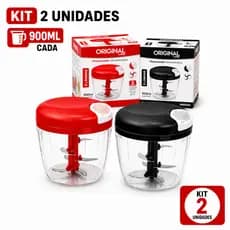 KIT 2 Processador de Alimentos Manual 900ml Grande Família Picador de Cebola Alho Legumes 5 Lâminas Inox