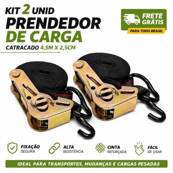 Kit 2 Cinta com Catraca 4,5m Prendedor de Carga Amarração Reforçada Gancho em Aço para Moto Carro Mudança jet ski