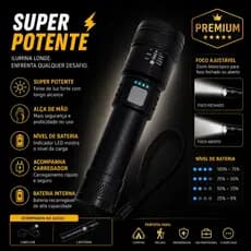 Lanterna Tática Recarregável Onex Lan 7610 LED P50 1200 Lúmens Zoom USB Super Potente 100 Modos IP65 de litio