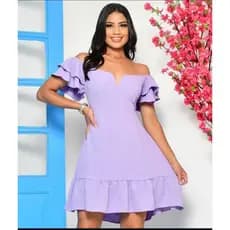 Vestido curto aro V  ombro a ombro com babado tecido duna elegante
