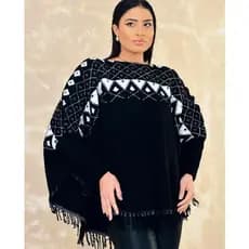 Poncho de Tricô Étnico feminino com Franjas