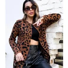 Cardigan Feminino Animal Print Casaco Onça Tricô Blusa de Frio Moda Inverno Sobretudo Kimono Tricot