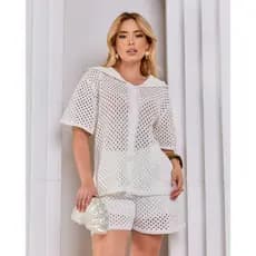 Conjunto Feminino Saída De Praia Tricô Camisa Com Botões Shorts Vazado Verão Piscina Férias Tricot