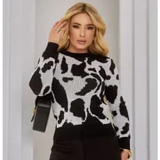 Blusa Feminina de Tricot Modal Animal Cow Print Estampa Vaca Manga Longa Moda Outono/Inverno Tricô