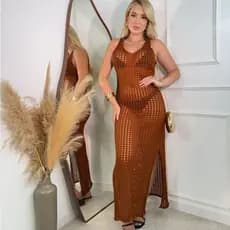 Saida de Praia Vestido Longo Feminino Decote V Fenda Lateral Tricot Moda Verão Tricô Férias Piscina