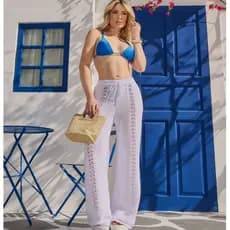 Saída de Praia Calça Pantalona Feminina em Tricot Vazado Moda Verão Tendência Tricô