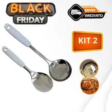 Kit  2 Peças Utensílios Cabo Plástico Branco de Cozinha 100% Inox Colher de Arroz Concha