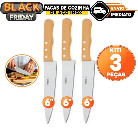kit 3 Facas de Cozinha Aço Inox Cabo de Madeira 6" Carne Salada Legumes Churrasco