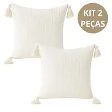Kit 2 Capas de Almofada Boho 45x45 cm – Algodão Piquet Cru com Detalhes em Pompom