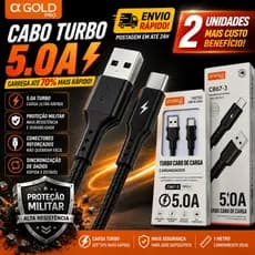 Kit 2 Cabos Alpha Gold Pro USB-A Tipo-C ou Lightning iPhone Turbo 5A Reforçado 1m Carga Rápid