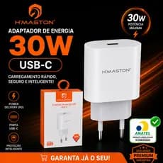 Kit 2 Carregadores 30W USB-C H'Maston Fonte PD Homologada Anatel iPhone 11 ao 17 Android Carga Rápida