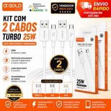 Cabo De Carregador Kit Com 2 Cabos Tipo-C/V8/Iphone 25w Premium Turbo Carga Rapida