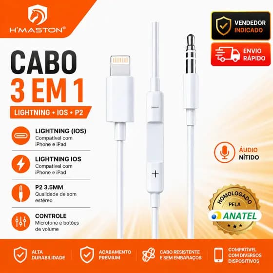 Cabo de Áudio Auxiliar Iphone para P2 3.5mm Adaptador De Entrada De Fone De Ouvido e Caixa de Som