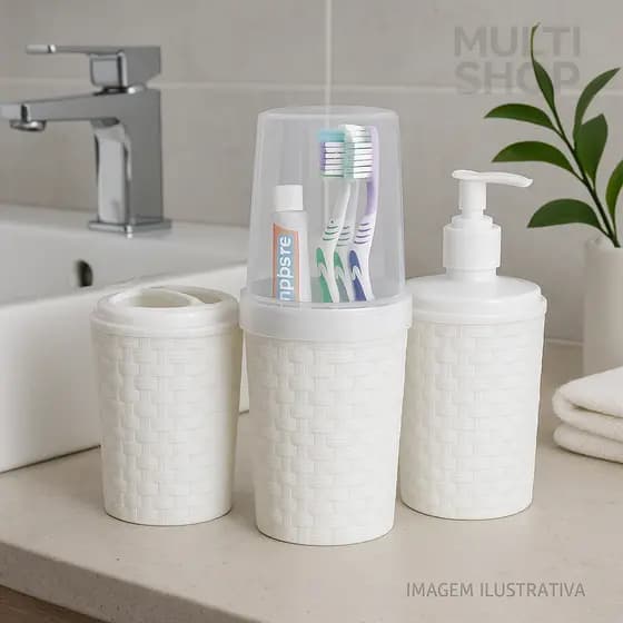 Organizador de Banheiro Luxo 3 Peças Branco – Porta Sabonete + Escova + Copo