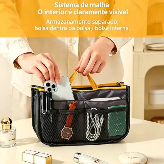 Organizador de Bolsa com Alça, Compartimentos em Malha, Bolsa Interna Multifuncional para Maquiagem, Viagem e Uso Diário