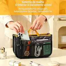 Organizador de Bolsa com Alça, Compartimentos em Malha, Bolsa Interna Multifuncional para Maquiagem, Viagem e Uso Diário