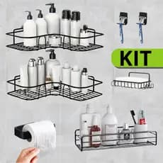 Kit 7 Suporte Prateleira Completo Acessórios Para Banheiro Multiuso com Adesivo Metal