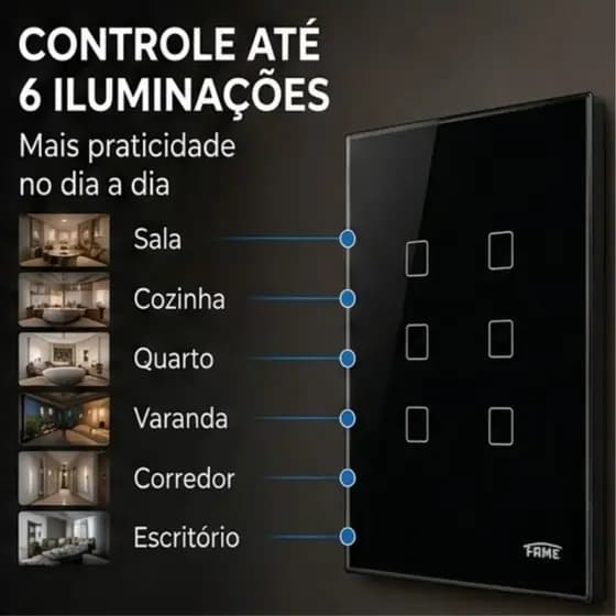 Interruptor Inteligente Wifi Touch 6 Teclas Botões Branco Original Fame Painel Vidro Compatível Alexa Google Smart Home
