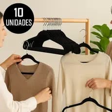 Kit 10 Unidades Cabides Slim Veludo Preto Aço Cromado Antiderrapante Design Ultrafino Resistente