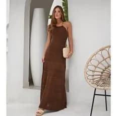 Vestido feminino de tricot costa aberta longuete crochê modal festa
