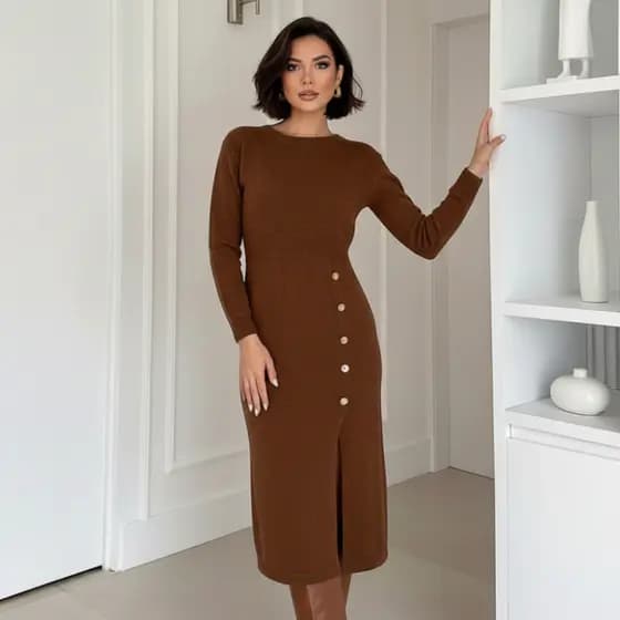 Vestido Midi Tricô Mousse Manga Longa Moda Evangélica Discreto e Sofisticado