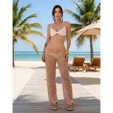 Calça saída de praia feminino tricot crochê premium moda praia feminina tendência