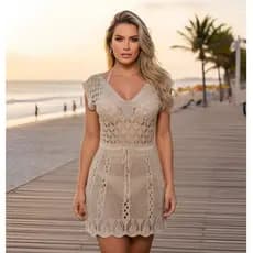 Saída de praia vestido curta cinturada tricot crochê moda verão