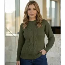 Blusa de Frio Feminina Grossa Tricot Manga Longa Suéter Trico Detalhe Trança
