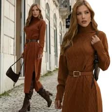 Vestido de tricô feminino manga longa midi frio moda inverno gola alta tricot mousse