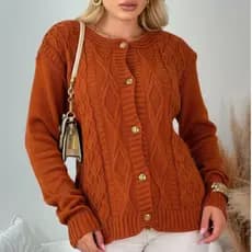 Casaco Feminino de Tricô Cardigan de Frio com Botões Tranças Casual Chique Outono Inverno Elegante