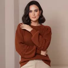 blusa de frio feminina manga bufante trico tricot lã elegante moda roupa inverno
