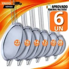 Conjunto 06 -  Peneira Coador Manual Em Aço Inox Para Cozinha 08CM 10CM 12CM 14CM 16CM 22CM Peneiras