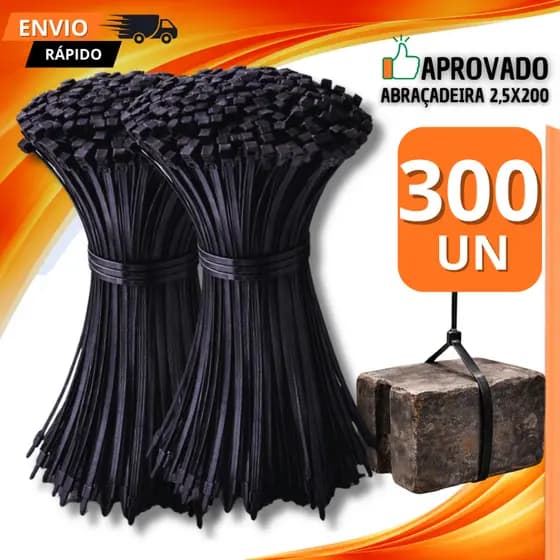 Kit 300 Abraçadeiras Nylon Enforca Gato Preto 200mm x 2.5mm Cinta Plástica Resistente Organizador