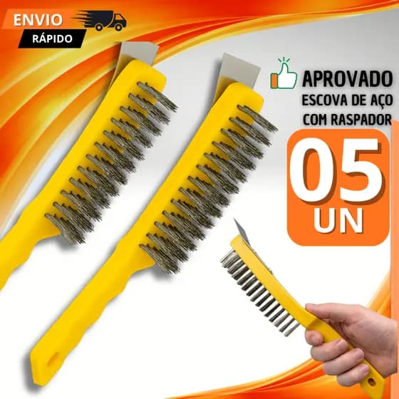 Escova Limpa Grelha Com Cerdas De Aço Inox e Raspador Integrado
