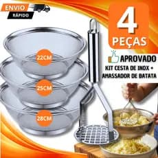 Conjunto 4 Peças Escorredor Aço Inox Multiuso De Macarrão Alimentos Cesta Para Frutas