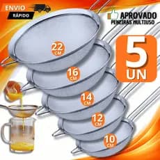 Combo 05 Peças Peneira Coador Manual Em Aço Inox Para Cozinha 10CM 12CM 14CM 16CM 22CM Peneiras