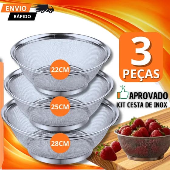 Cesta Escorredor Aço Inox Reforçado Utensílio Para Cozinha De Massas Legumes Frituras