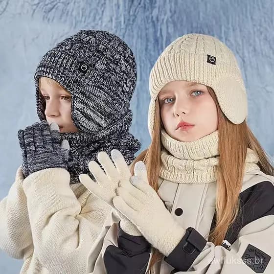 3pc Crianças Chapéu De Inverno Cachecol Luva Conjunto Unisex Gorro Boné De Malha Proteção De Ouvido Velo Quente Para O B
